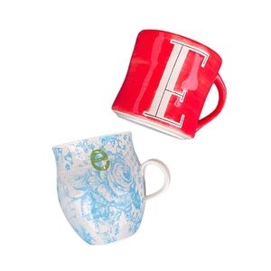 Anthropologie E Mugs 12 oz Initial Mug, White & Blue Fish, red, black bird stamp